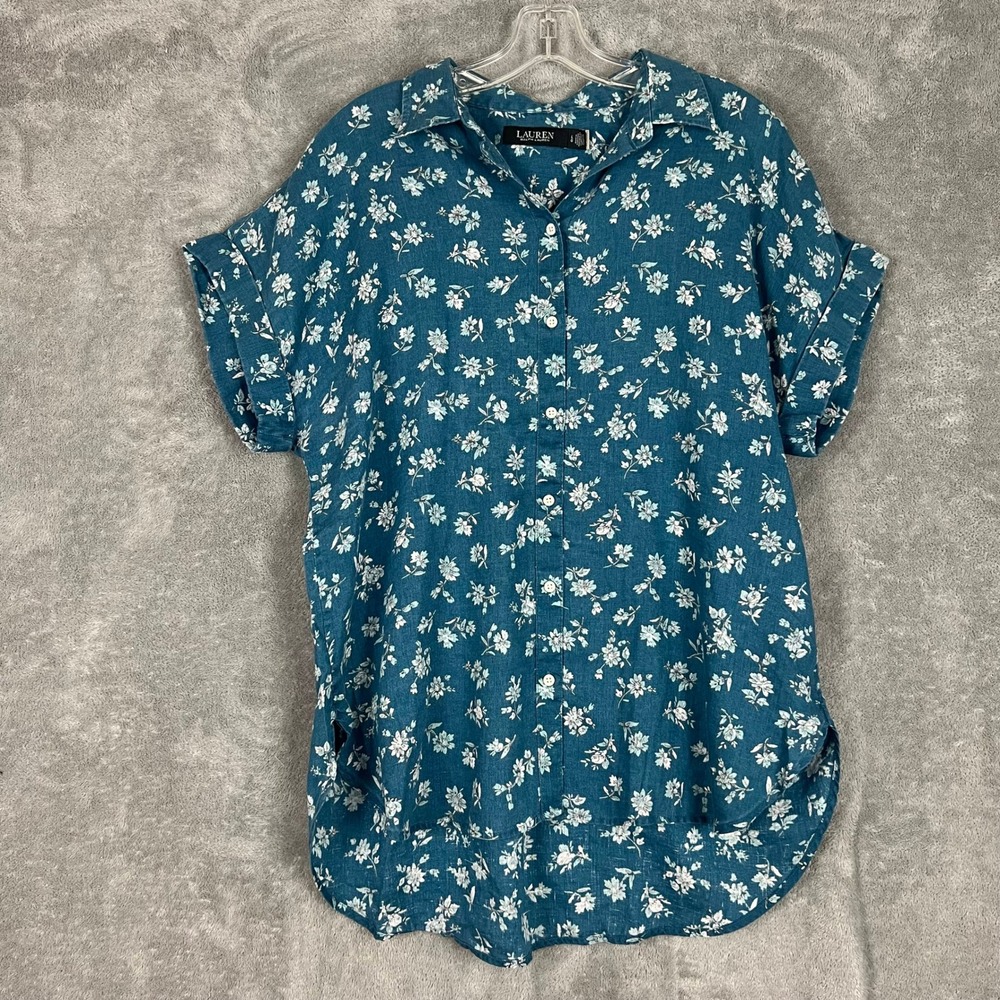 Ralph Lauren Black Label Button Down Sleeveless Shirt Womens L Floral 100% Linen